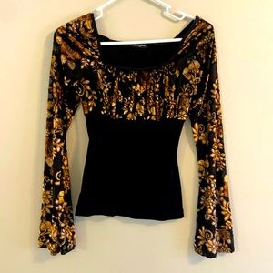 Sheer black with velvet floral print long sleeve shirt